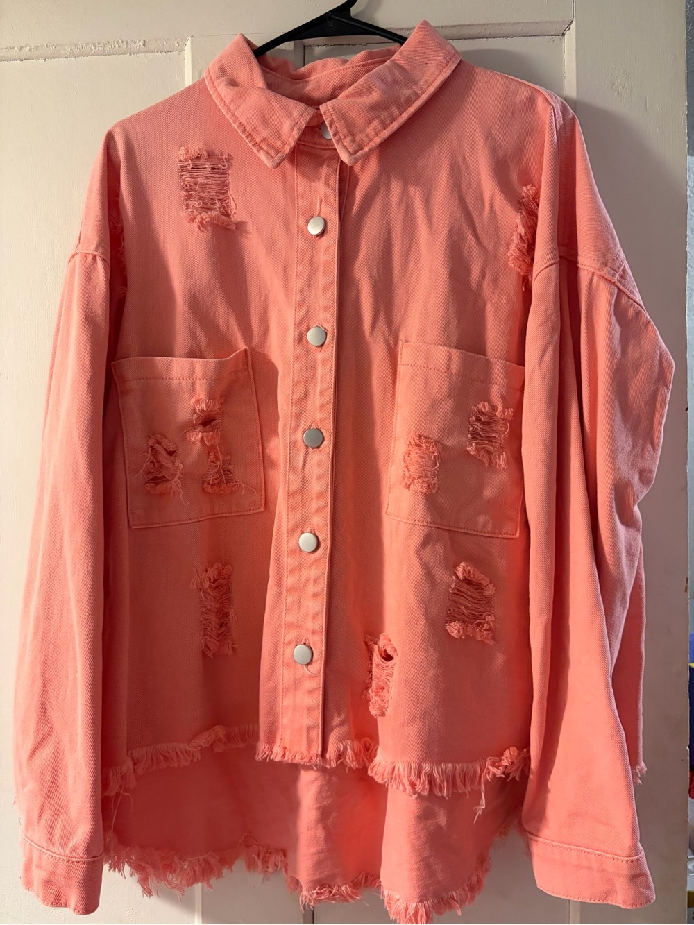 Pink Lily Coral Pink Distressed Jean Jacket
